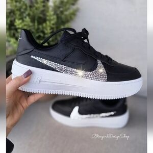 Bling Nike Womens Air Force One Platform Black Sneakers with Swarovski Crystal